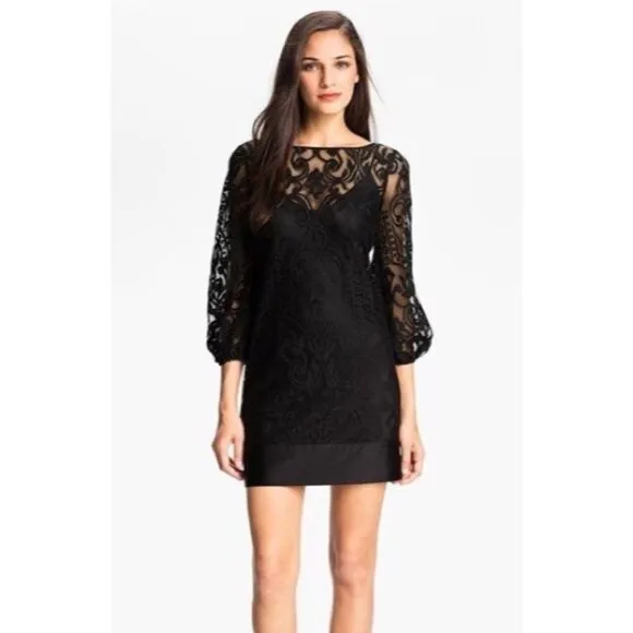 🛍️ Laundry by Shelli Segal Black Mid Sleeve Lace Mini Dress Size 2