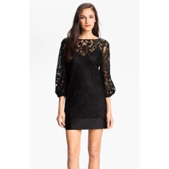 🛍️ Laundry by Shelli Segal Black Mid Sleeve Lace Mini Dress Size 2
