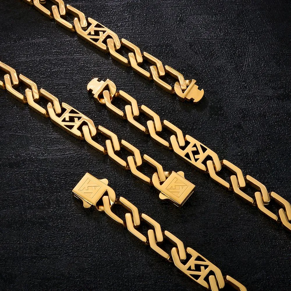 12mm Square Figaro Chain in 18K Gold/White Gold/Black Gold