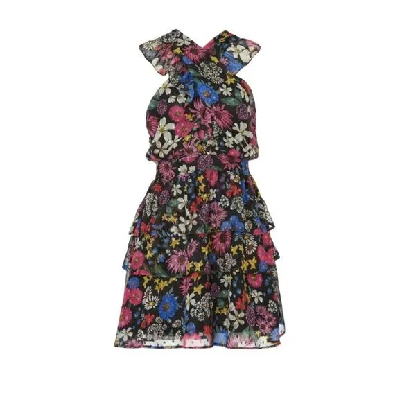 $145 Slate &amp; Willow Black Colorful Floral Sleeveless Ruffle Mini Dress Size Medi