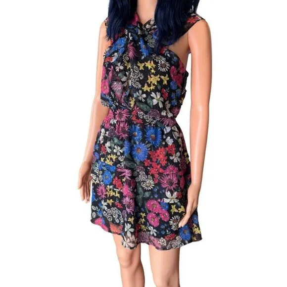 $145 Slate &amp; Willow Black Colorful Floral Sleeveless Ruffle Mini Dress Size Medi