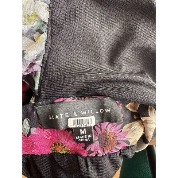 $145 Slate &amp; Willow Black Colorful Floral Sleeveless Ruffle Mini Dress Size Medi