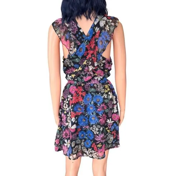 $145 Slate &amp; Willow Black Colorful Floral Sleeveless Ruffle Mini Dress Size Medi