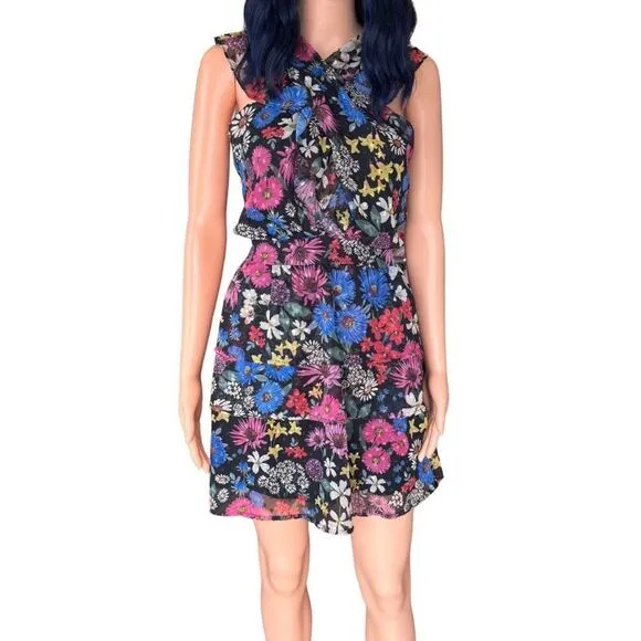 $145 Slate &amp; Willow Black Colorful Floral Sleeveless Ruffle Mini Dress Size Medi