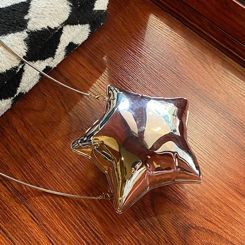 2024 New Nice design Silver And Gold Chain For Women Evening Bags Bright Face Five Pointed Star Shoulder Bag Funny Party Ladies
