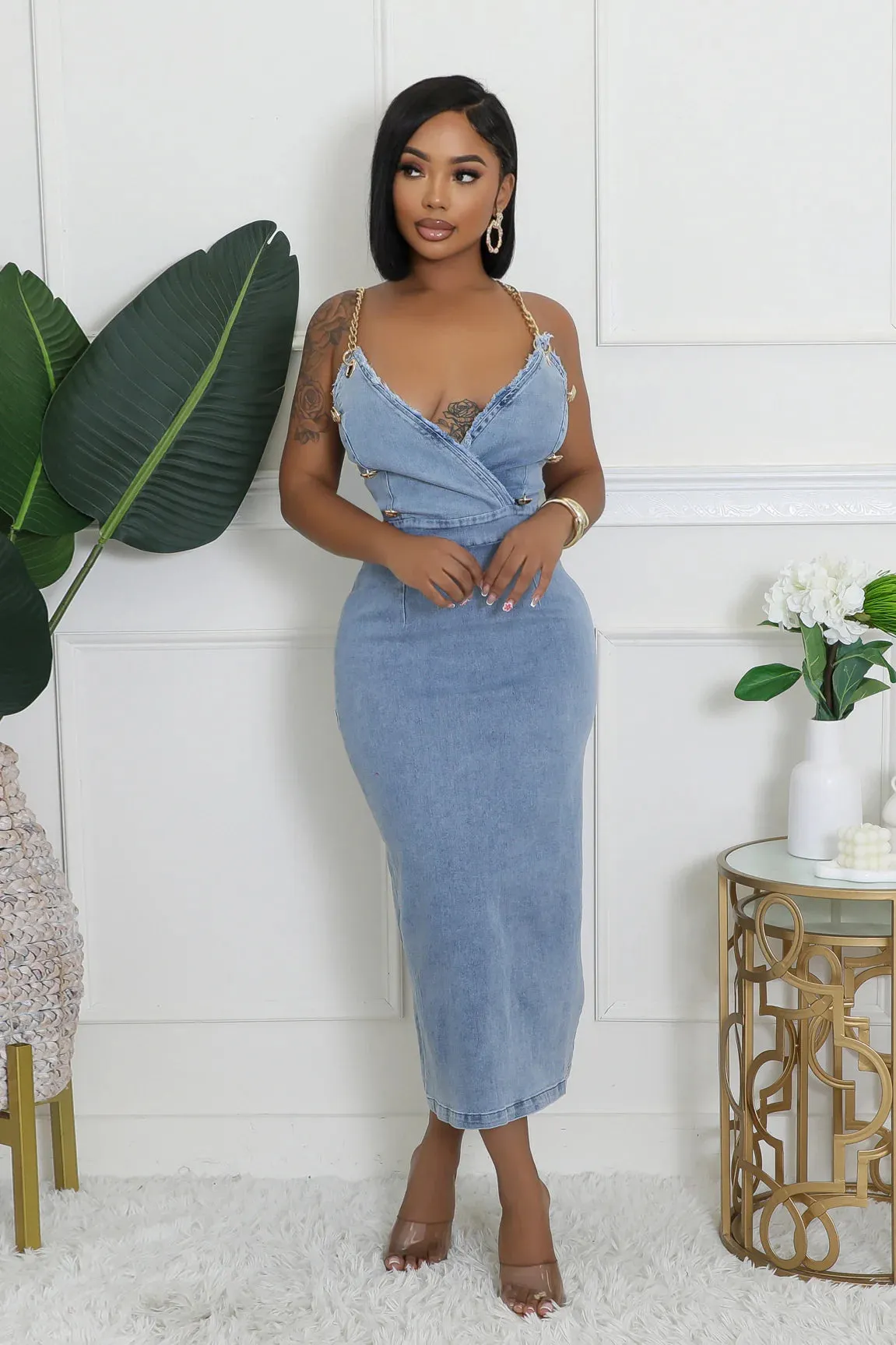 27881P - DENIM STRAP SHOULDER SLEEVELESS DRESS