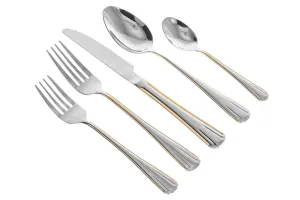5 Piece Flatware Set - Service for 1 - Stainless Steel 18/10 Silverware - Gold Trim Handle Knife, Spoon, Fork, Cutlery Set - For Home, Kitchen and Dining - First Apartment Essentials (Verona)