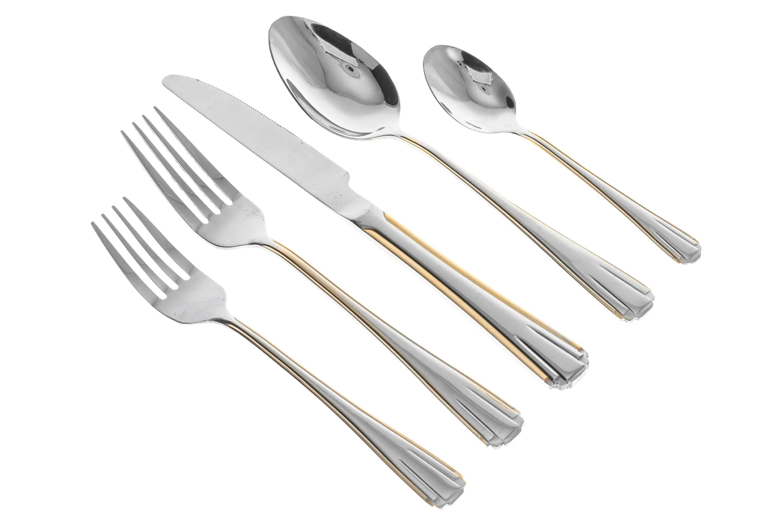 5 Piece Flatware Set - Service for 1 - Stainless Steel 18/10 Silverware - Gold Trim Handle Knife, Spoon, Fork, Cutlery Set - For Home, Kitchen and Dining - First Apartment Essentials (Verona)
