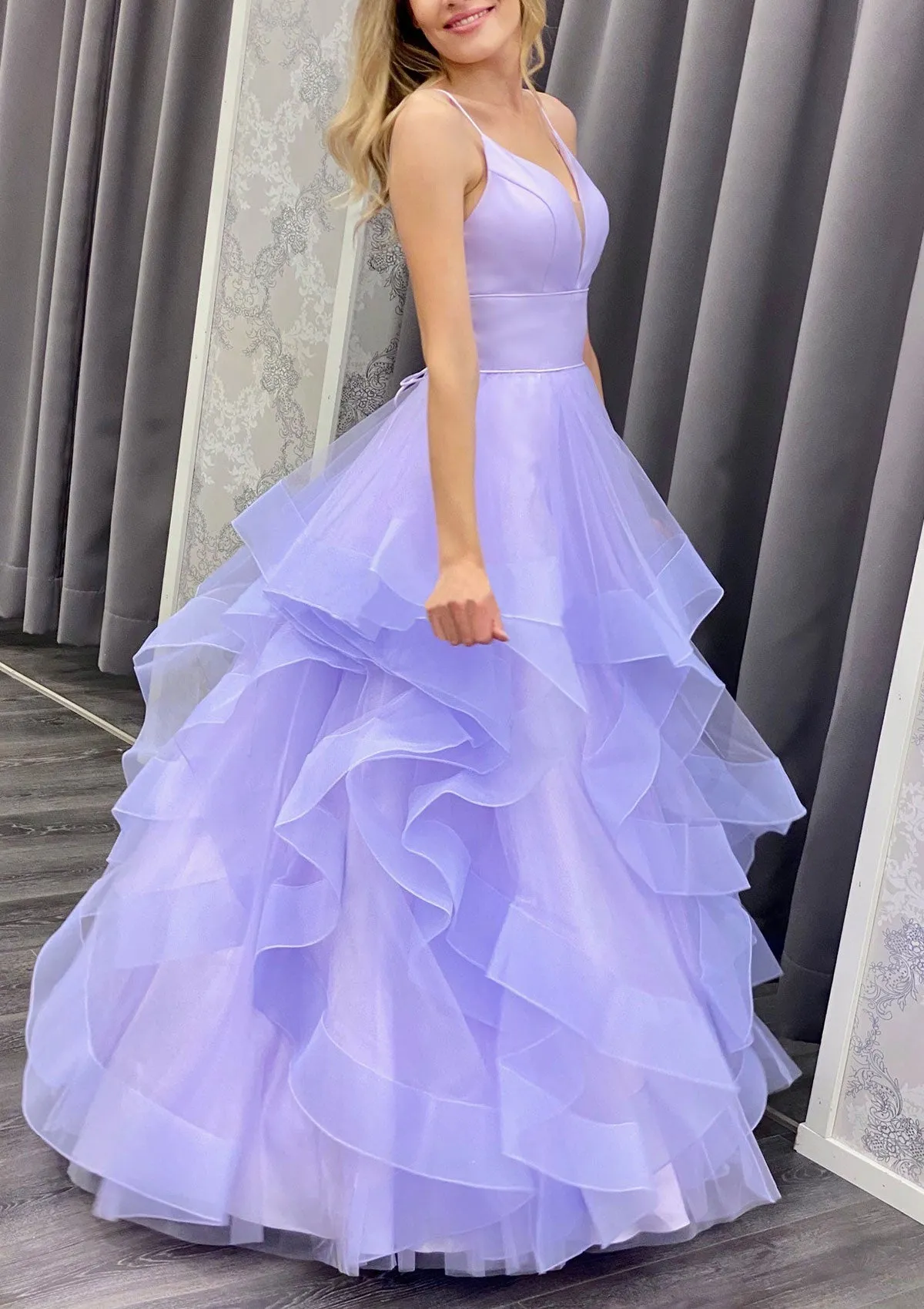 A-line V Neck Spaghetti Straps Floor-Length Lilac Tulle Prom Dress, Horsehair Ruffles