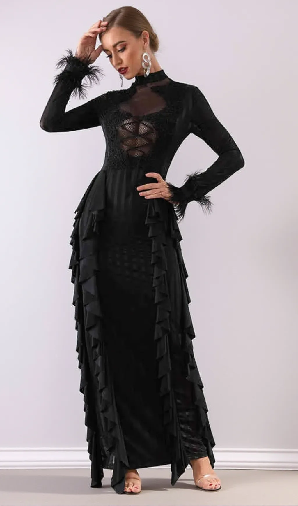 alani Panagas Long Sleeve Mesh Ruffle Dress