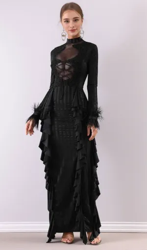 alani Panagas Long Sleeve Mesh Ruffle Dress