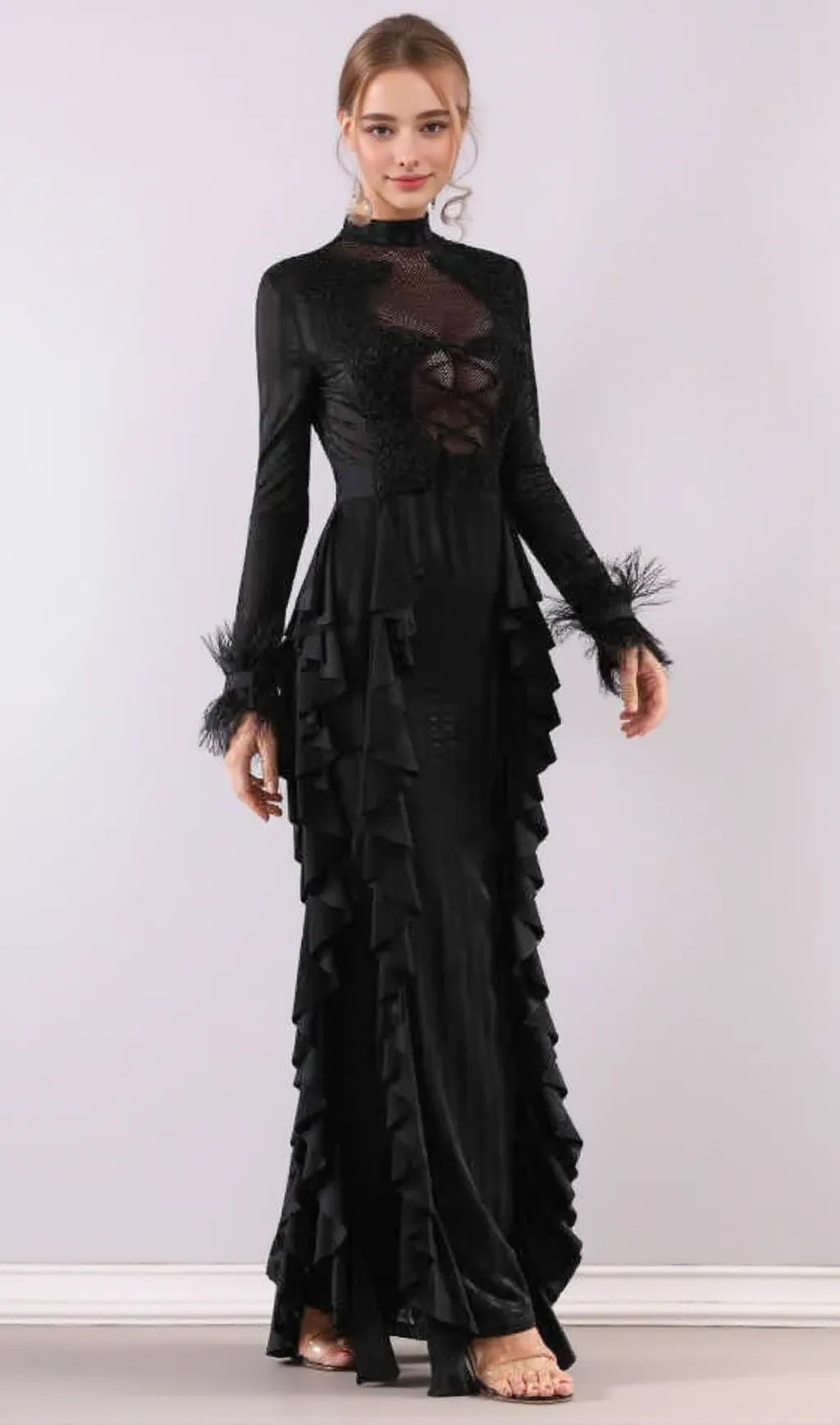 alani Panagas Long Sleeve Mesh Ruffle Dress