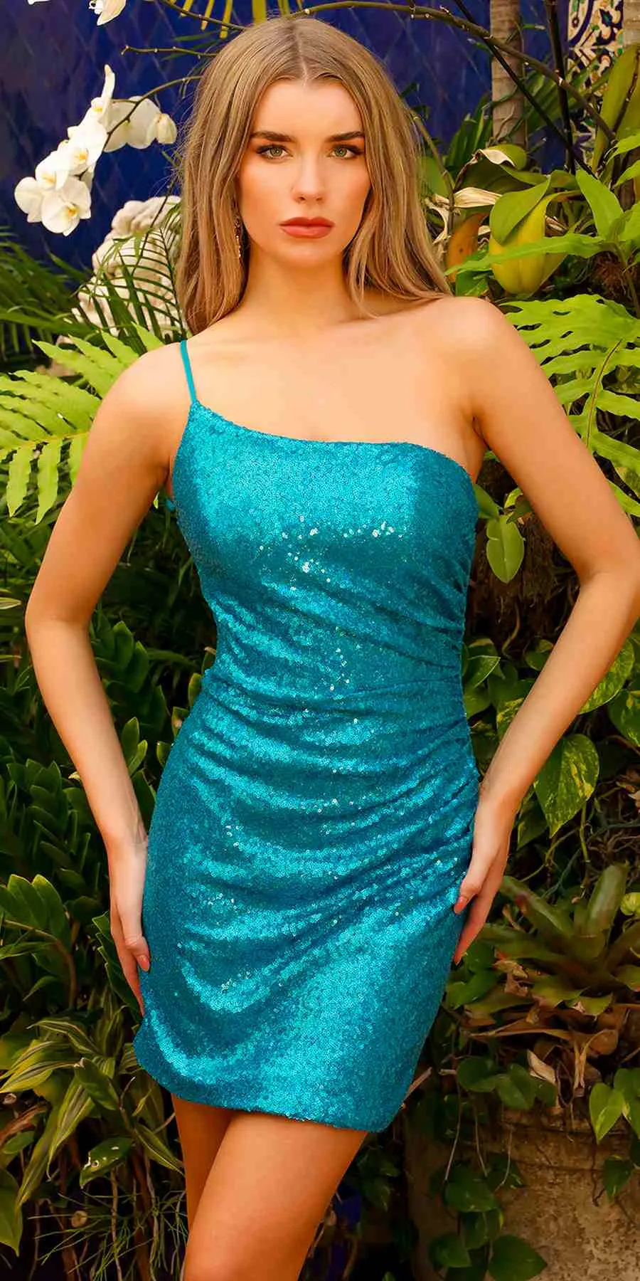 Amelia Couture BZ030S Fitted One Shoulder Mini Sequin Cocktail Dress