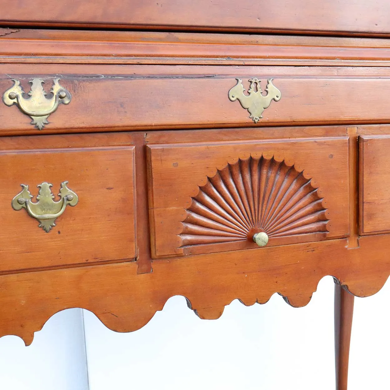 American New England Queen Anne Cherrywood Bonnet Top Highboy