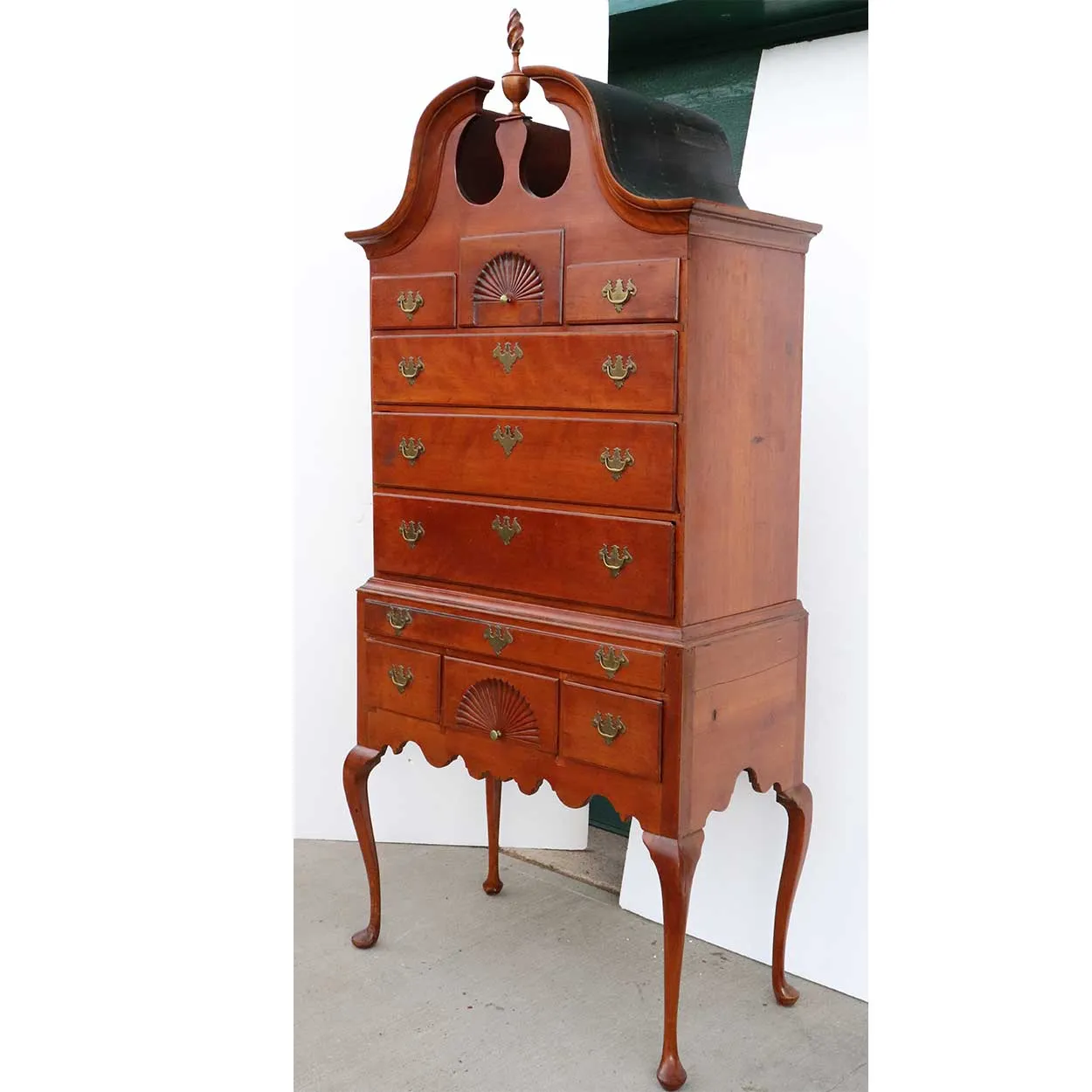 American New England Queen Anne Cherrywood Bonnet Top Highboy