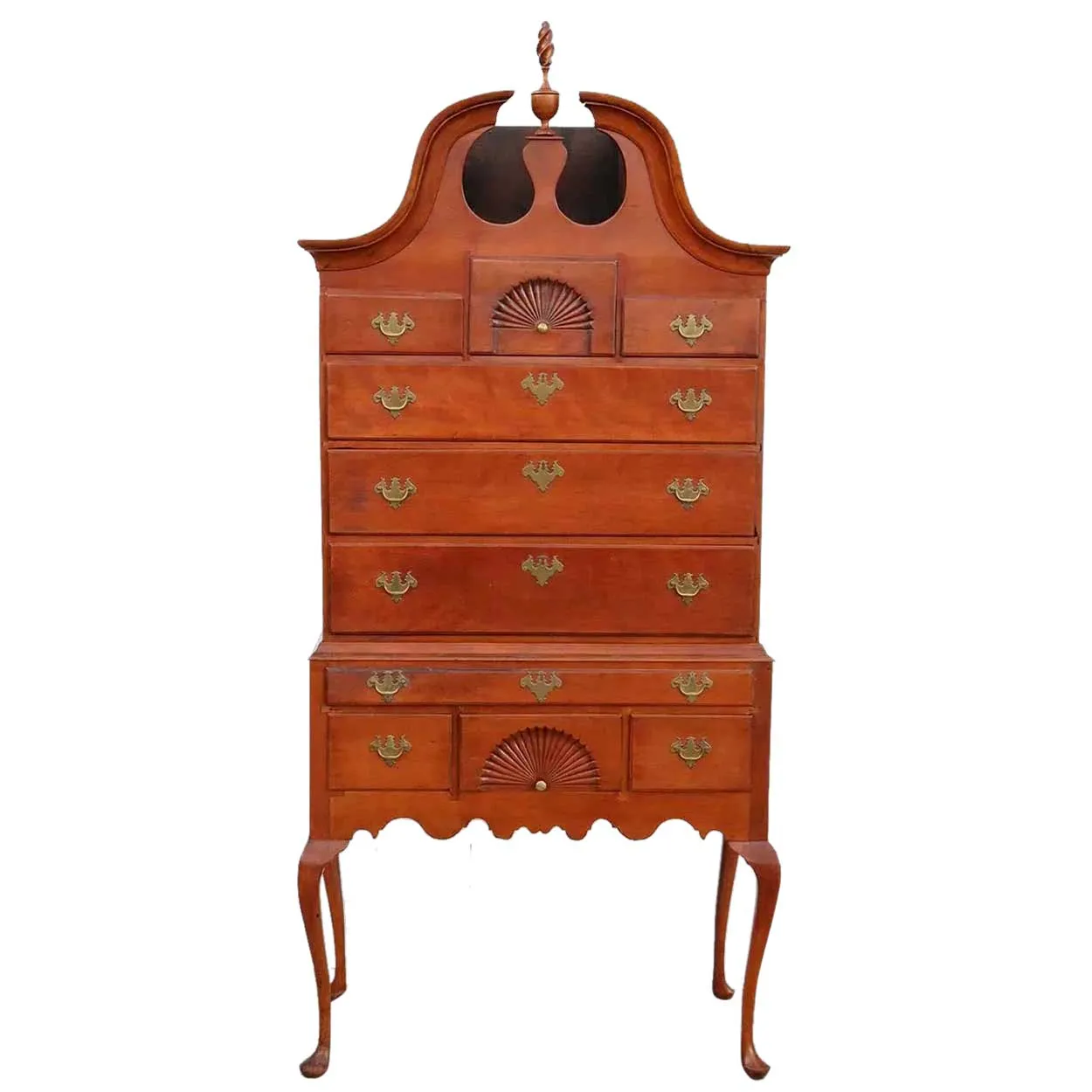 American New England Queen Anne Cherrywood Bonnet Top Highboy
