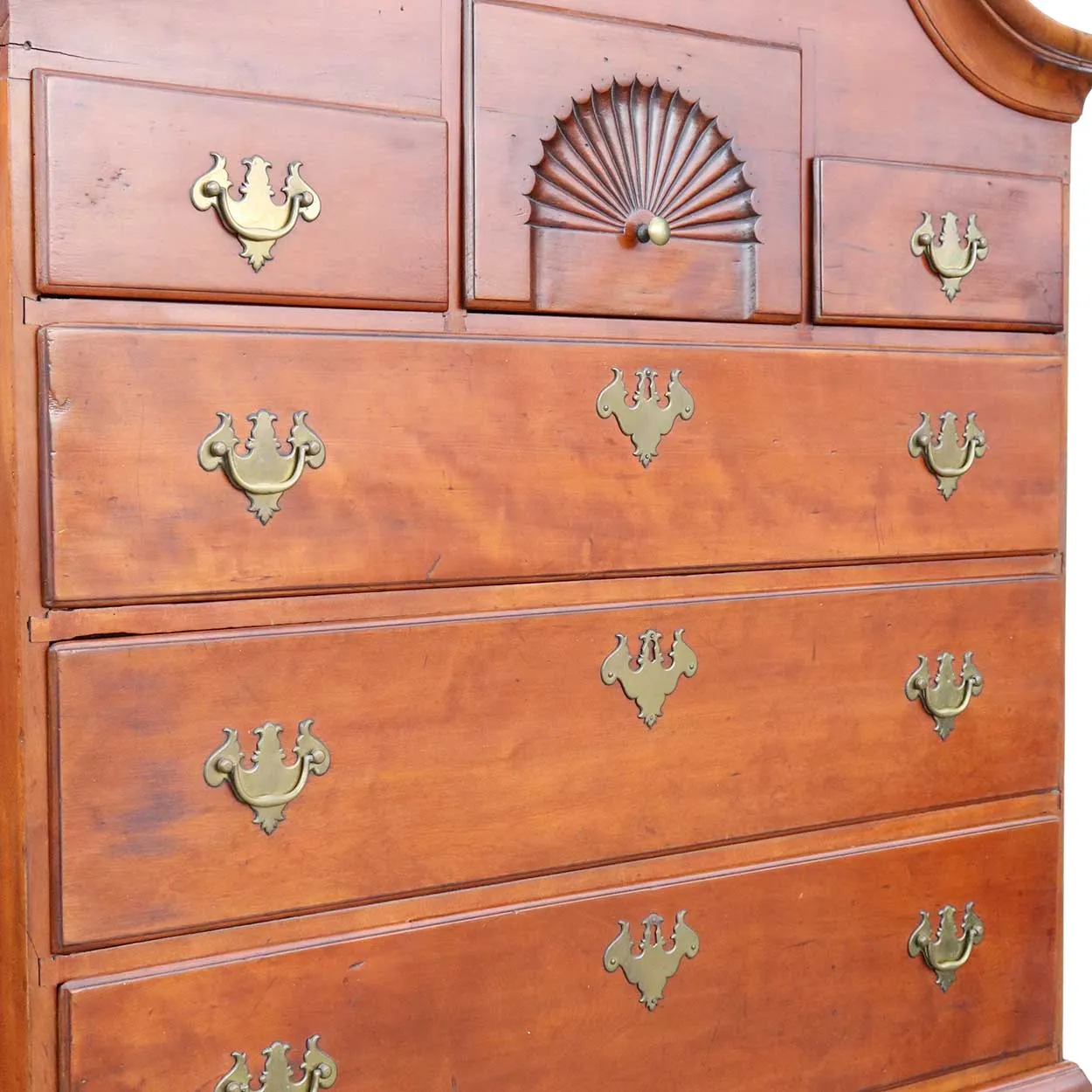 American New England Queen Anne Cherrywood Bonnet Top Highboy
