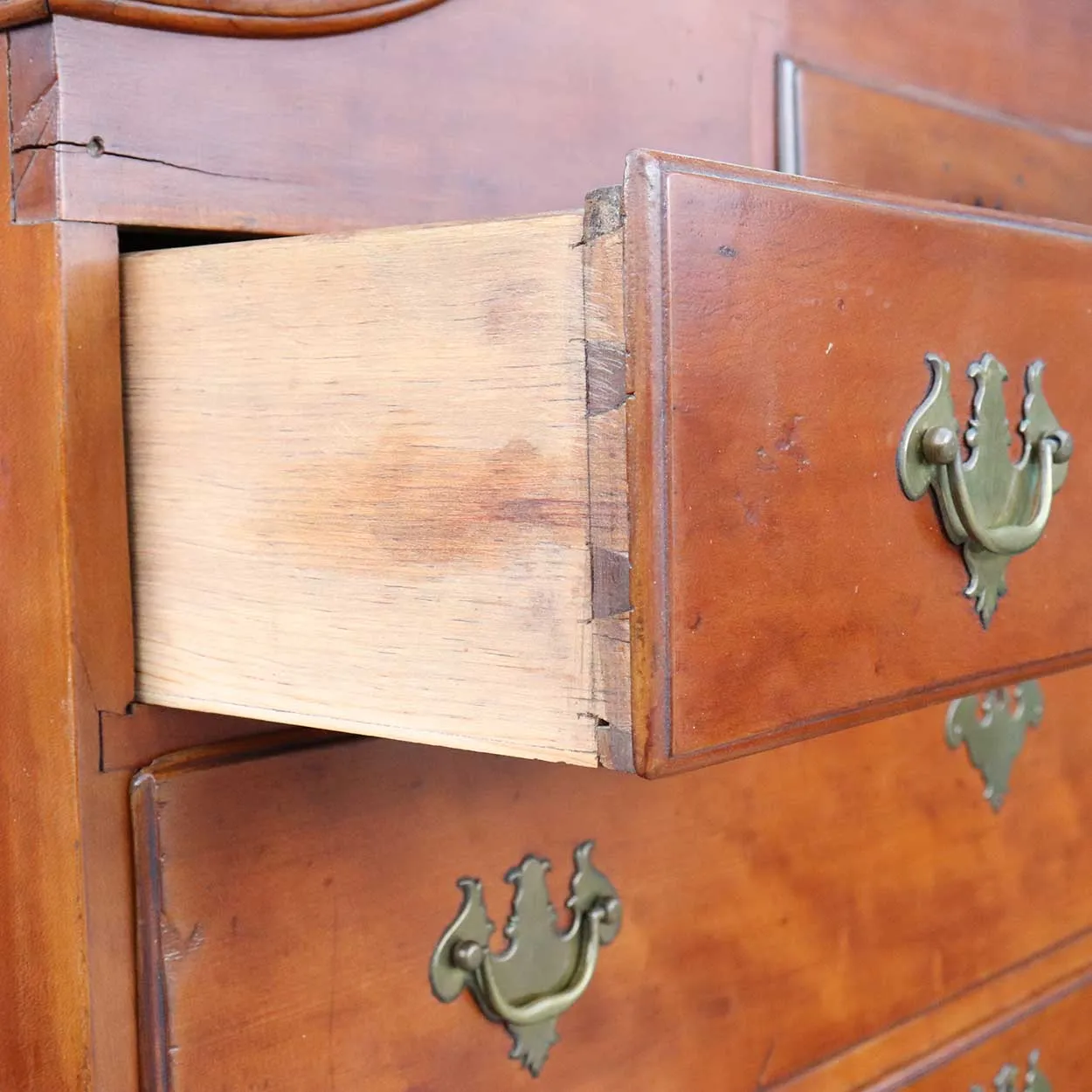 American New England Queen Anne Cherrywood Bonnet Top Highboy