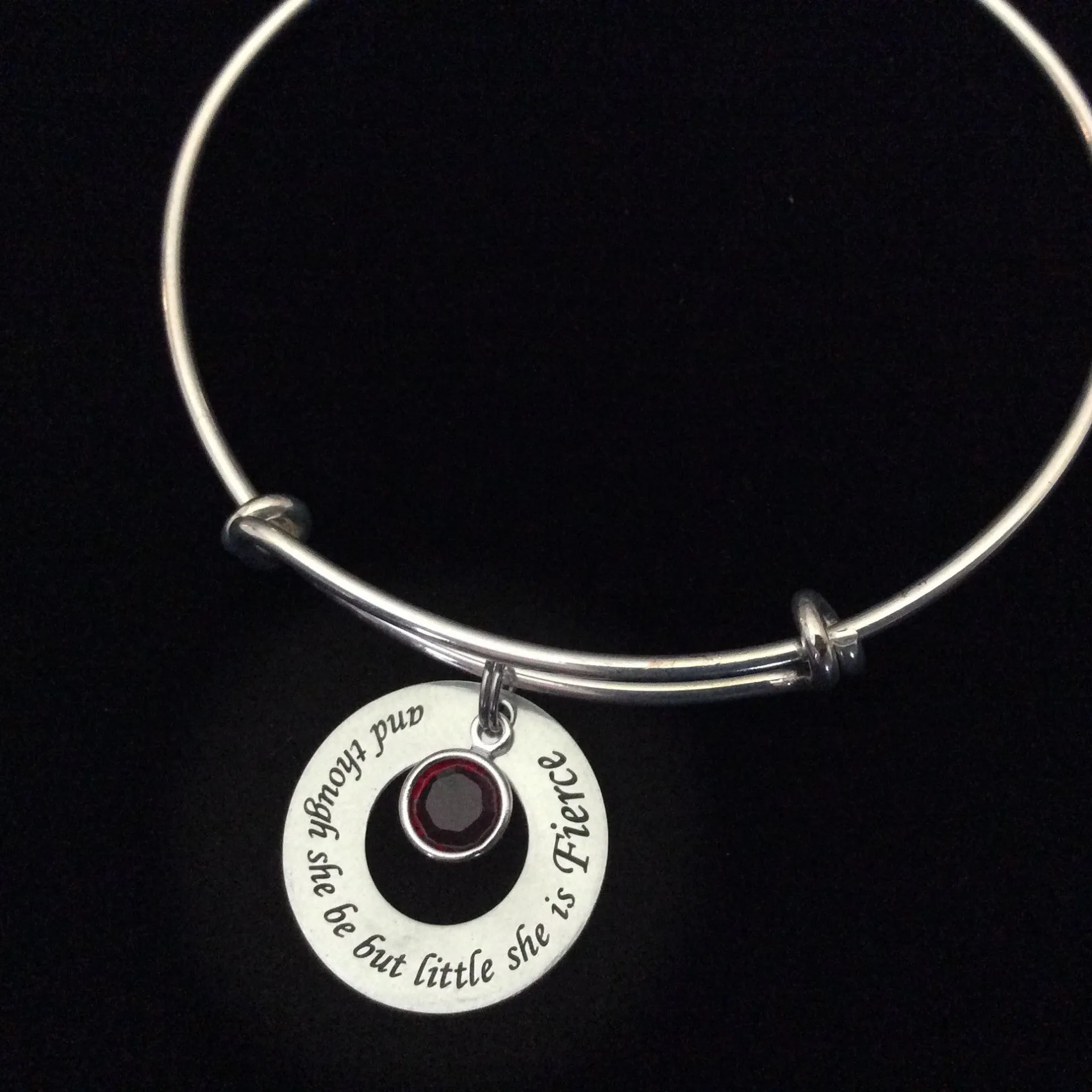 And Though She be But Little She is Fierce Charm with Birthstone Bracelet Adjustable Expandable Silver Wire Bangle Trendy Meaningful Inspirational