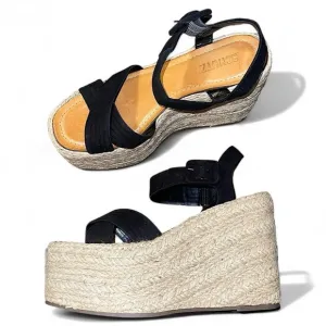 Anthropologie SCHUTZ Black Crossover Platform Espadrille Sandal Wedge Sz 8