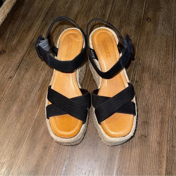 Anthropologie SCHUTZ Black Crossover Platform Espadrille Sandal Wedge Sz 8
