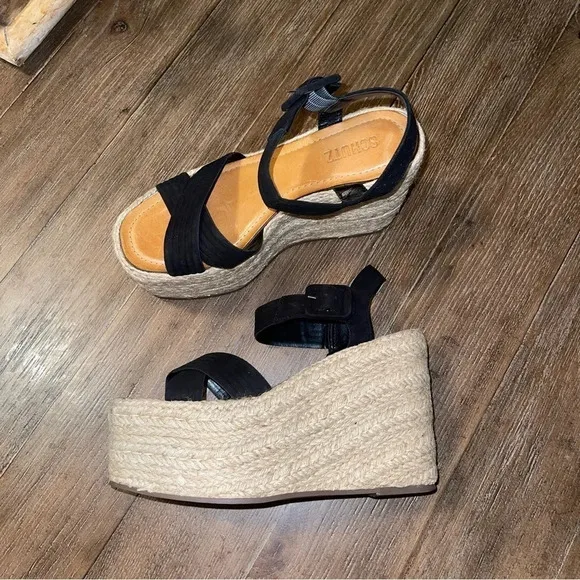 Anthropologie SCHUTZ Black Crossover Platform Espadrille Sandal Wedge Sz 8