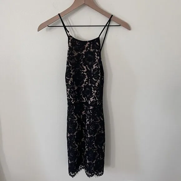 ASTR Womens XS Black Lace Overlay High Neck Open Back Strappy Dress *See Notes