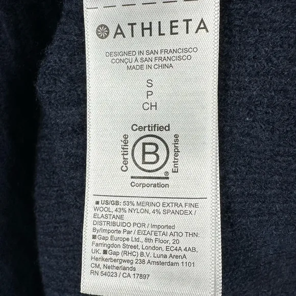 ATHLETA MERINO LAYOVER V-NECK SWEATER SIZE SMALL - NAVY BLUE