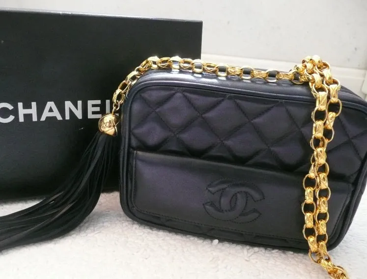 Authentic Chanel French Navy Quilted Camera Style Handbag