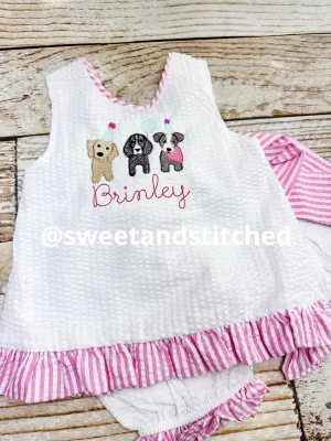 Baby girl swing back bloomer set, puppy dog 1st birthday outfit, Monogrammed cake smash outfit, baby bloomer set, dog themed birthday outfit