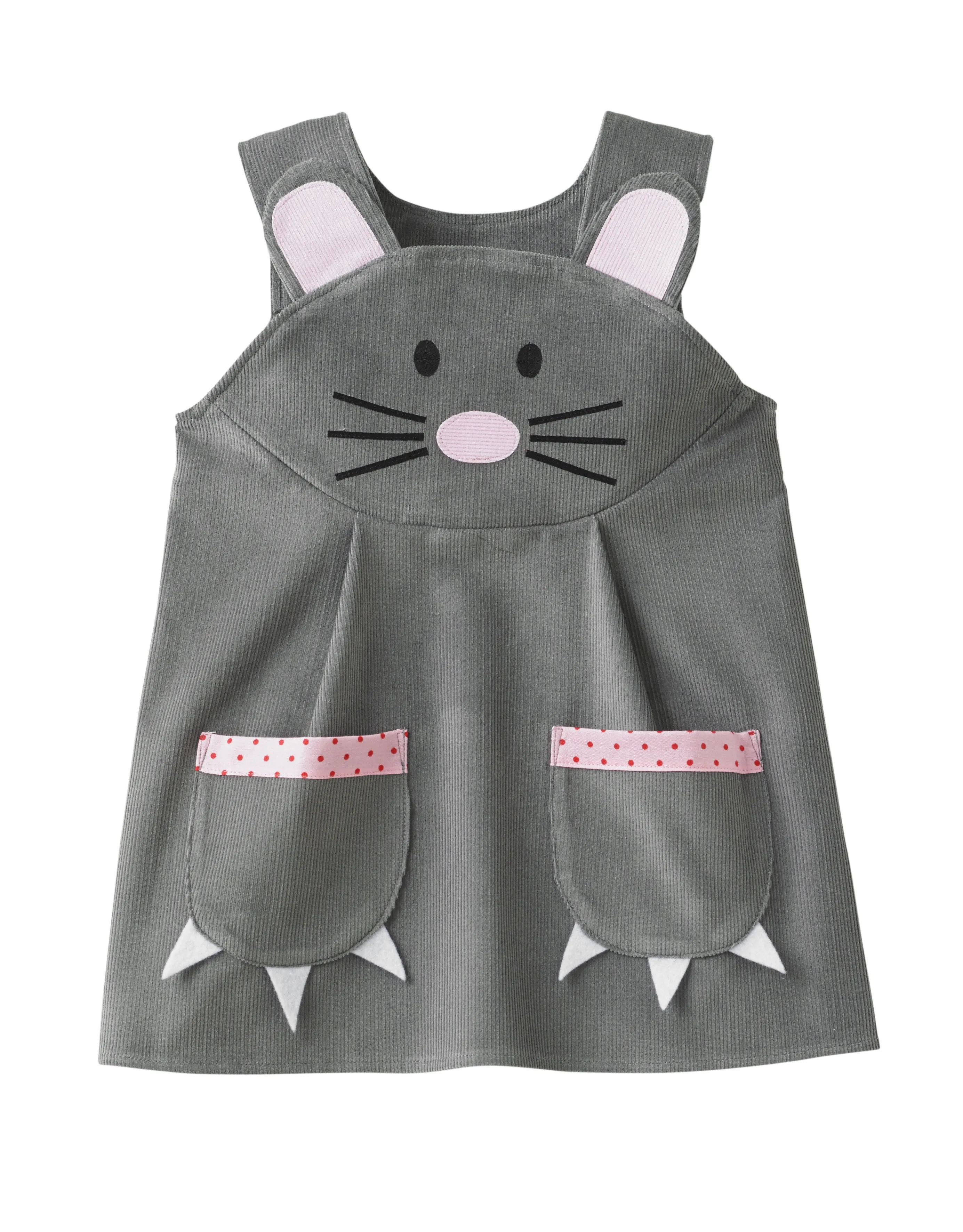 Baby girls mouse dress in grey corduroy, 1year to 8 years