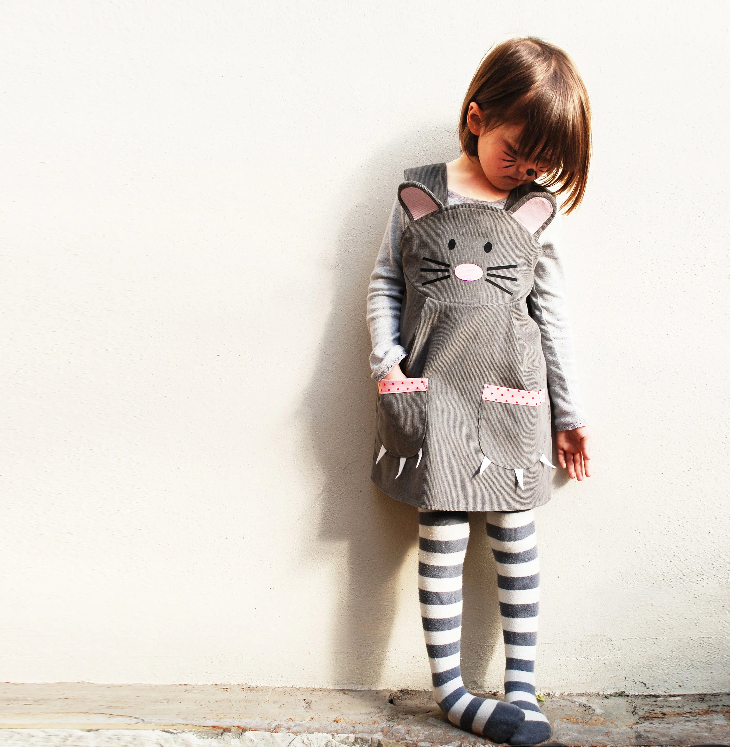 Baby girls mouse dress in grey corduroy, 1year to 8 years