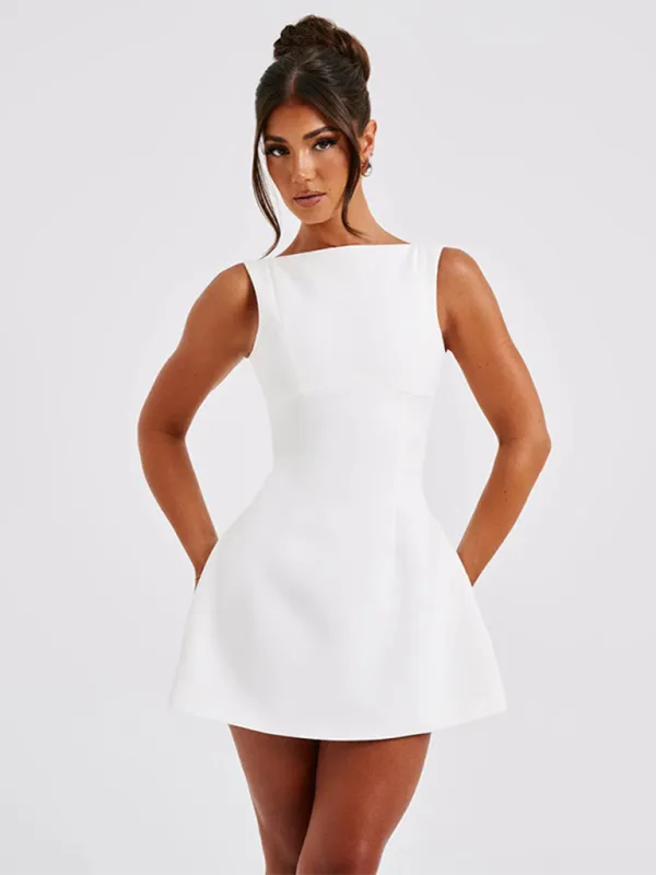 Backless Mini Dress with High Neckline and Slim Fit