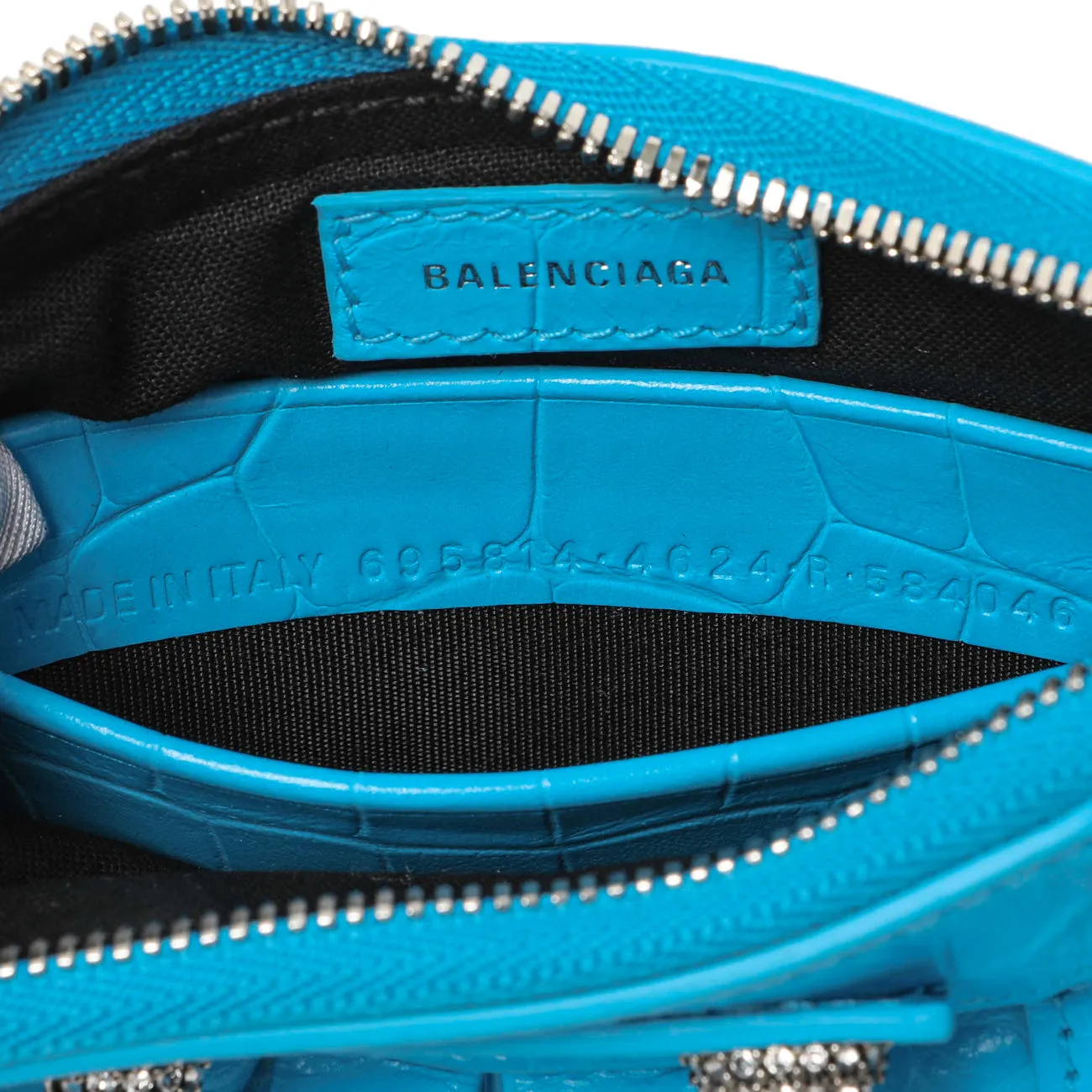 Balenciaga Blue Crocodile Embossed Calfskin Crystal Le Cagole Mini Purse With Chain