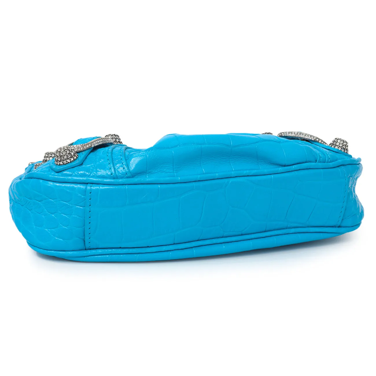 Balenciaga Blue Crocodile Embossed Calfskin Crystal Le Cagole Mini Purse With Chain