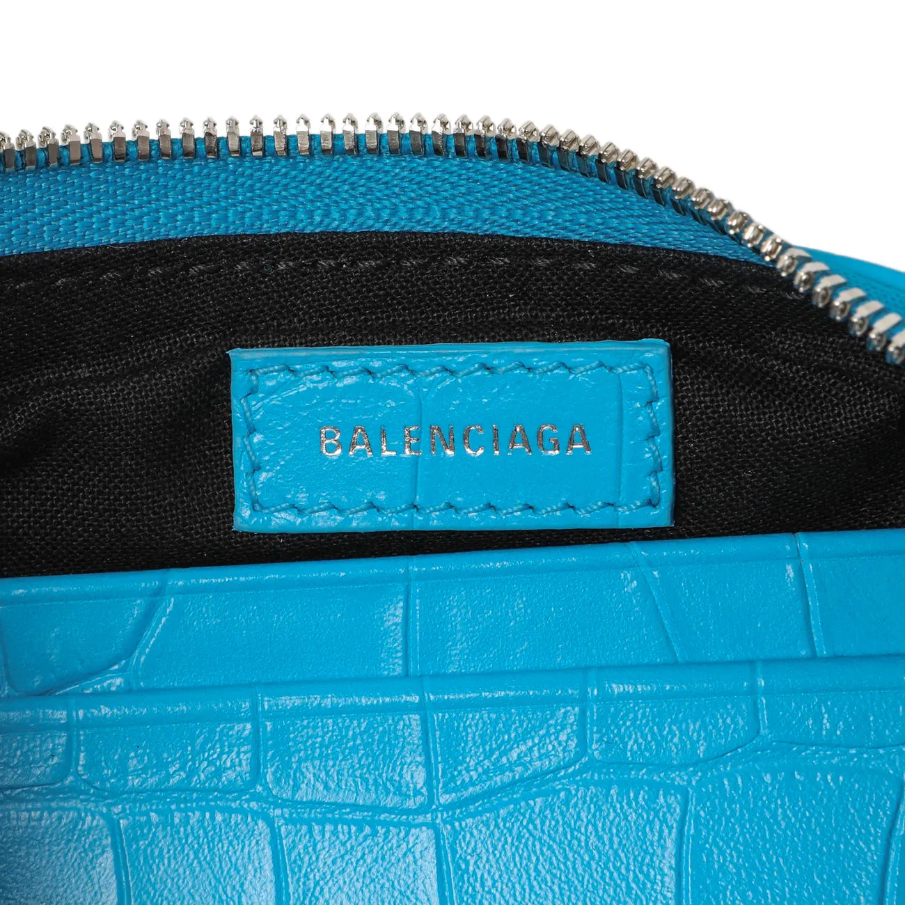 Balenciaga Blue Crocodile Embossed Calfskin Crystal Le Cagole Mini Purse With Chain