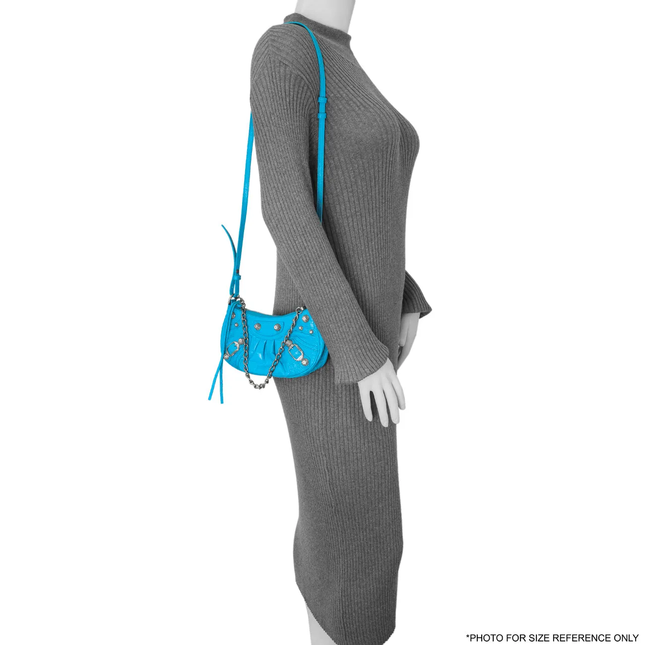 Balenciaga Blue Crocodile Embossed Calfskin Crystal Le Cagole Mini Purse With Chain