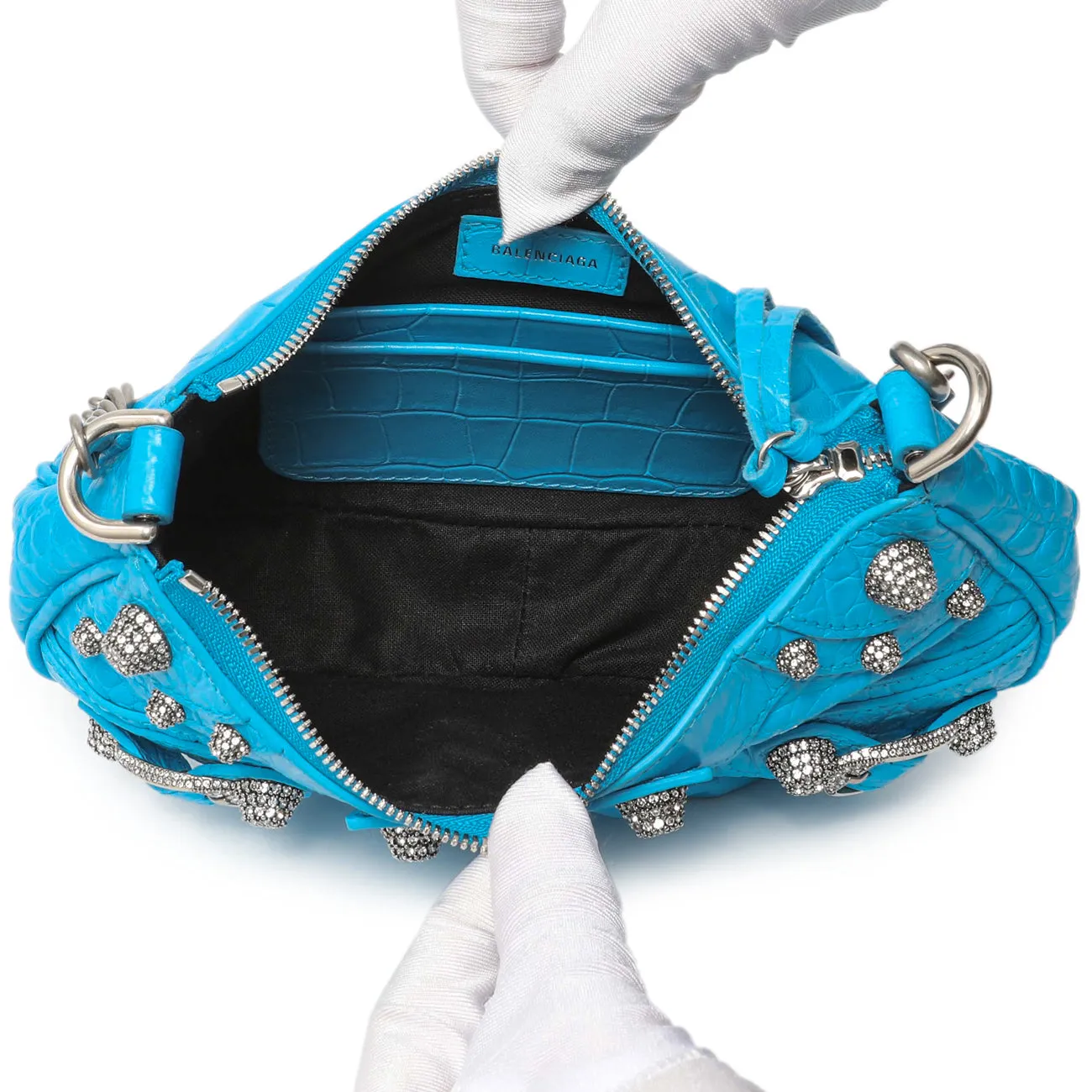 Balenciaga Blue Crocodile Embossed Calfskin Crystal Le Cagole Mini Purse With Chain
