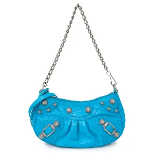 Balenciaga Blue Crocodile Embossed Calfskin Crystal Le Cagole Mini Purse With Chain