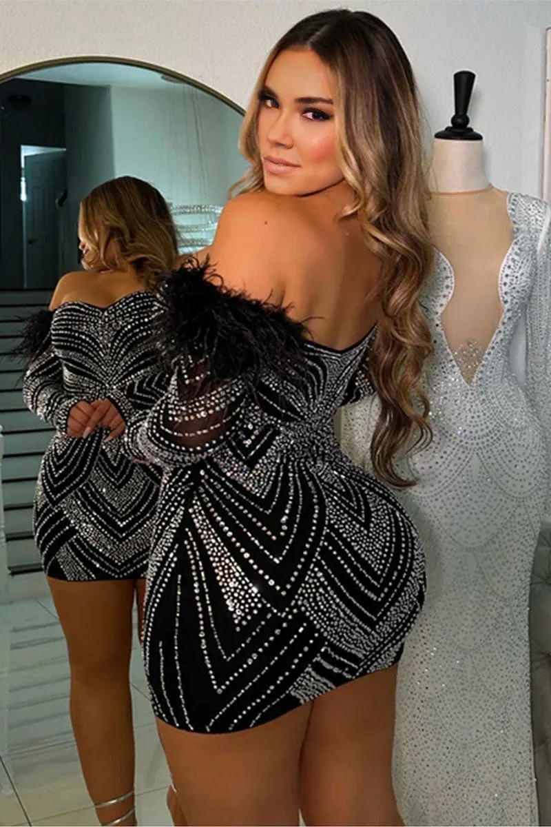 BH789 Off Shoulder Rhinestones Mini Dress