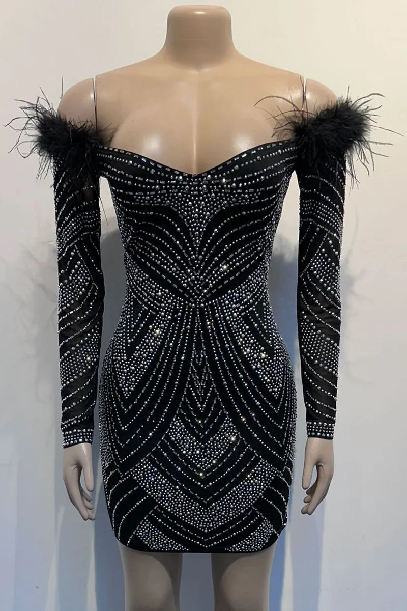 BH789 Off Shoulder Rhinestones Mini Dress