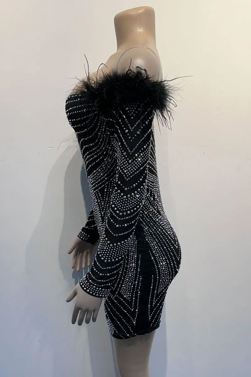 BH789 Off Shoulder Rhinestones Mini Dress