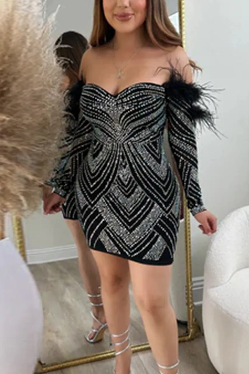 BH789 Off Shoulder Rhinestones Mini Dress