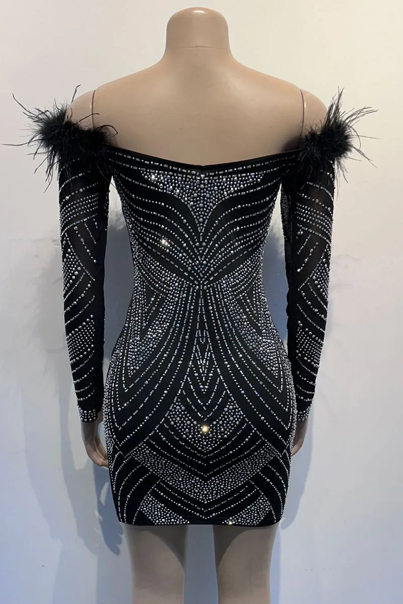 BH789 Off Shoulder Rhinestones Mini Dress