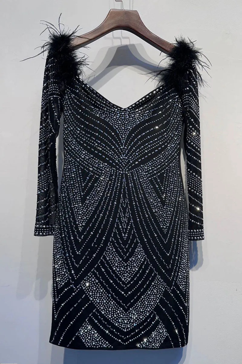 BH789 Off Shoulder Rhinestones Mini Dress