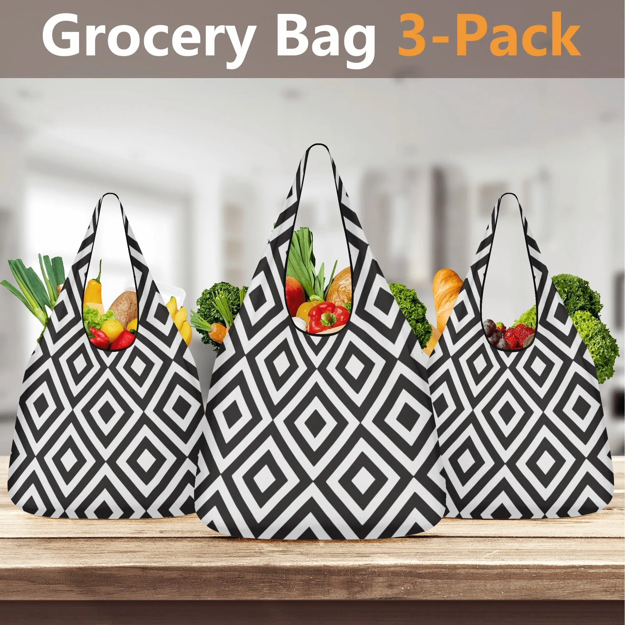 Black & White Geometric Design Premium Polyester Grocery Bags (3 Pack)