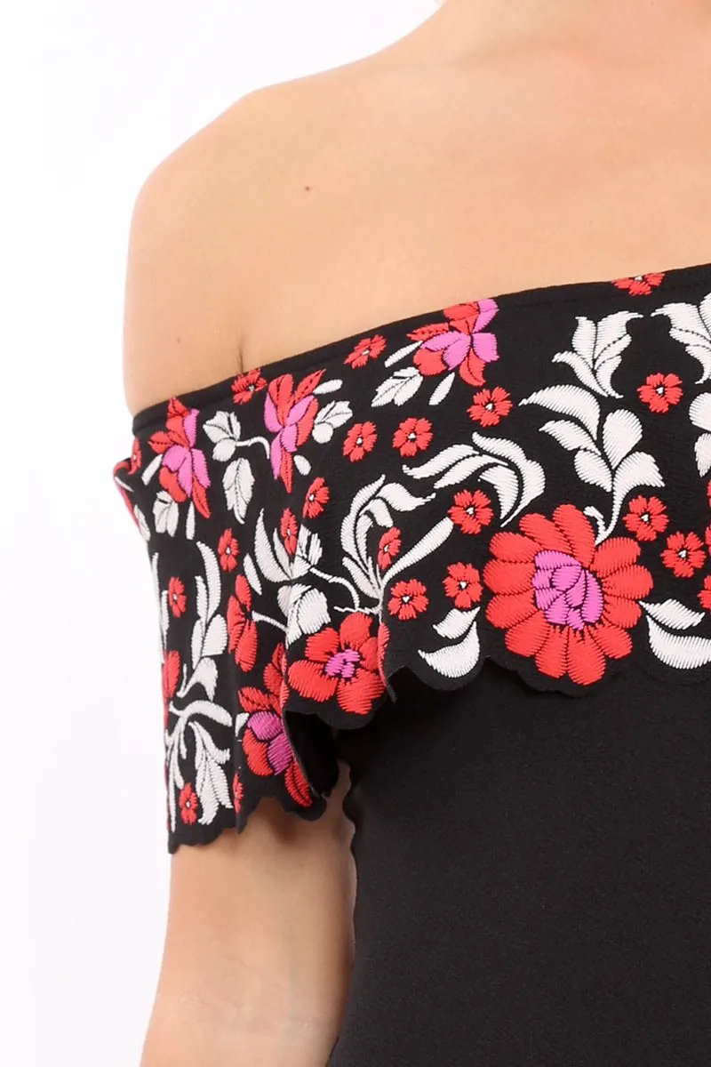 Black Floral Print Bardot Frill Bodysuit - Klaudia