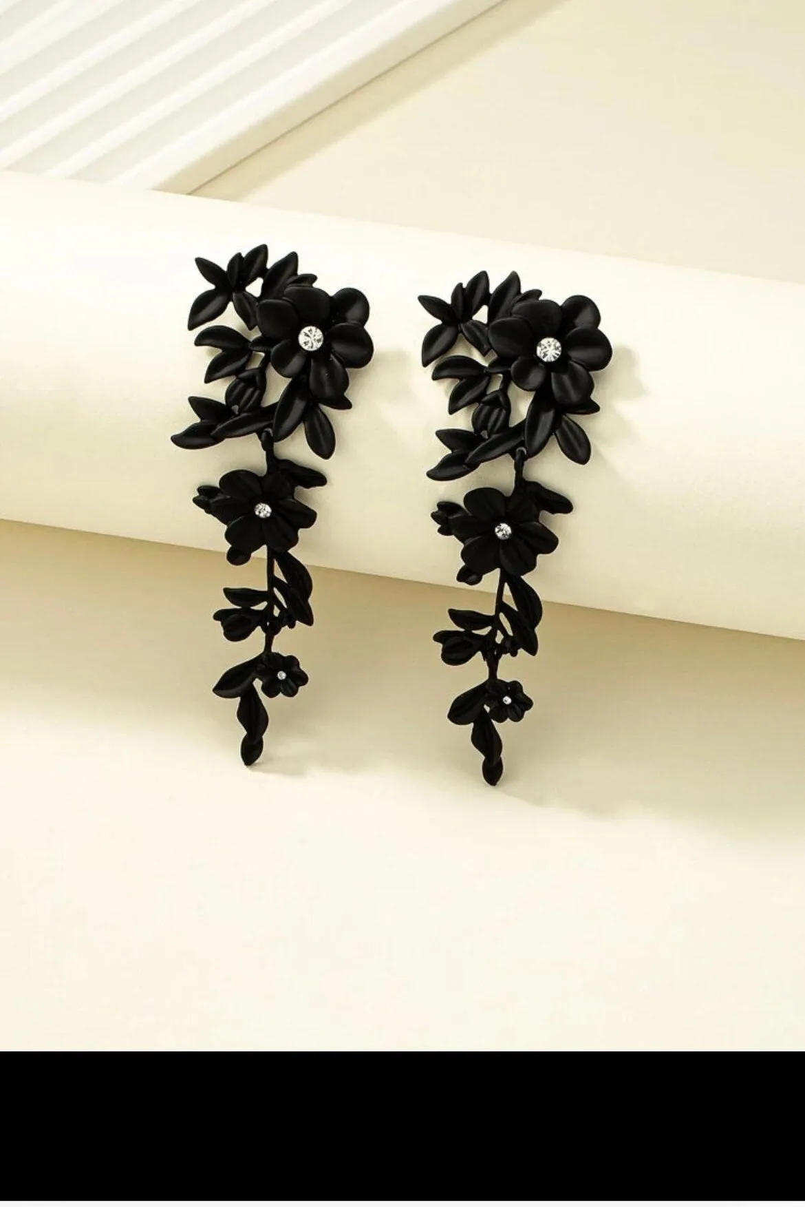 black flower earrings , big Black rhinestone rose metal earrings , long black wedding earrings , black party earrings vine