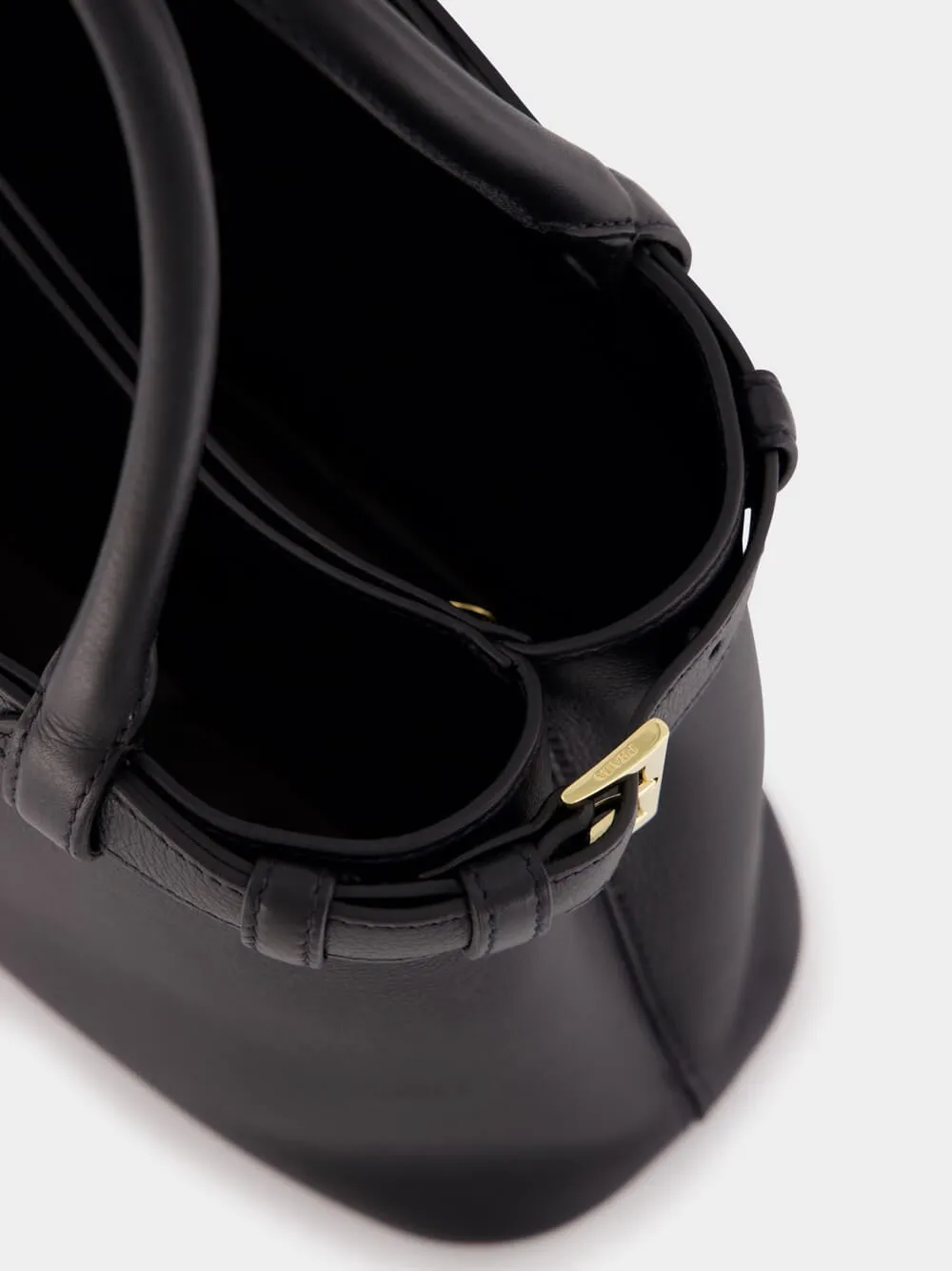 Black Small Leather Handbag With Buckle Straps
