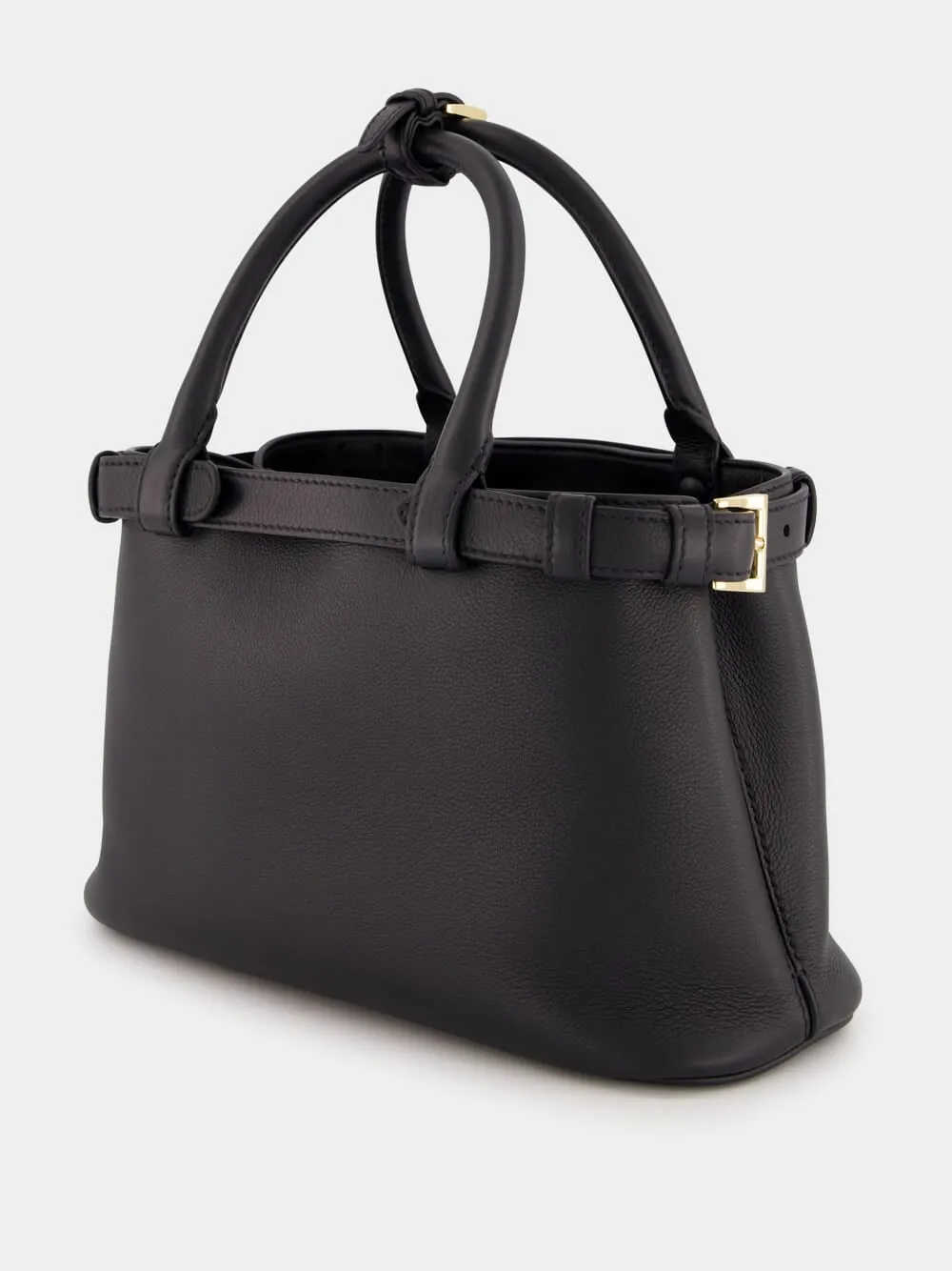 Black Small Leather Handbag With Buckle Straps